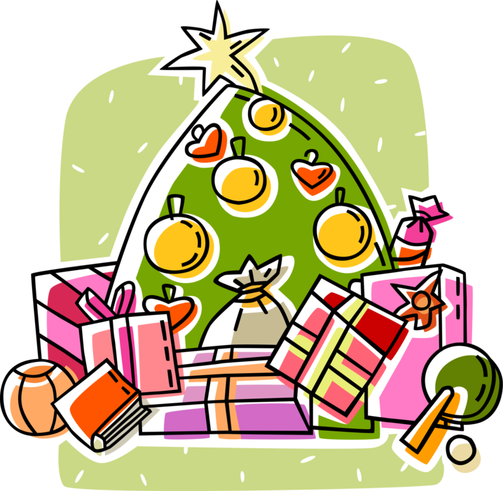 Vector Illustration of Decorated Christmas Tree and Gift Wrapped Presents