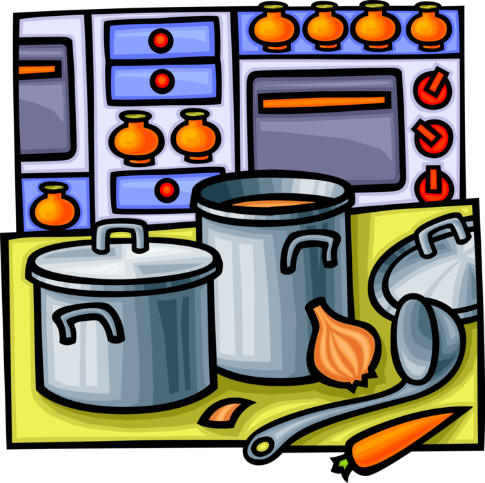 Vector Illustration of Cooking Pots and Pans in Kitchen with Oven Stove Range