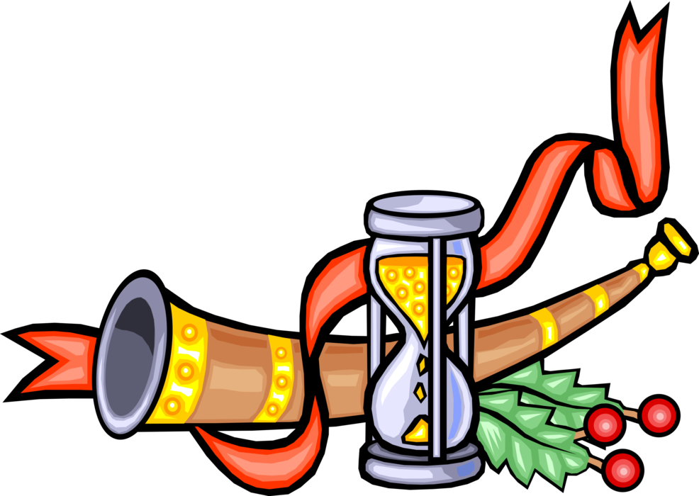 Vector Illustration of Horn and Hourglass or Sandglass, Sand Timer, or Sand Clock Measures Passage of Time
