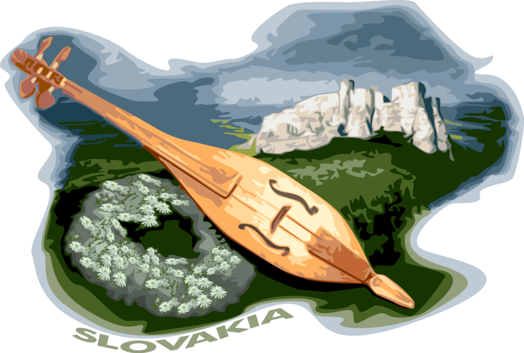 Vector Illustration of Slovakia Traditional Gusla Stringed Instrument with Ruins of Spis Castle