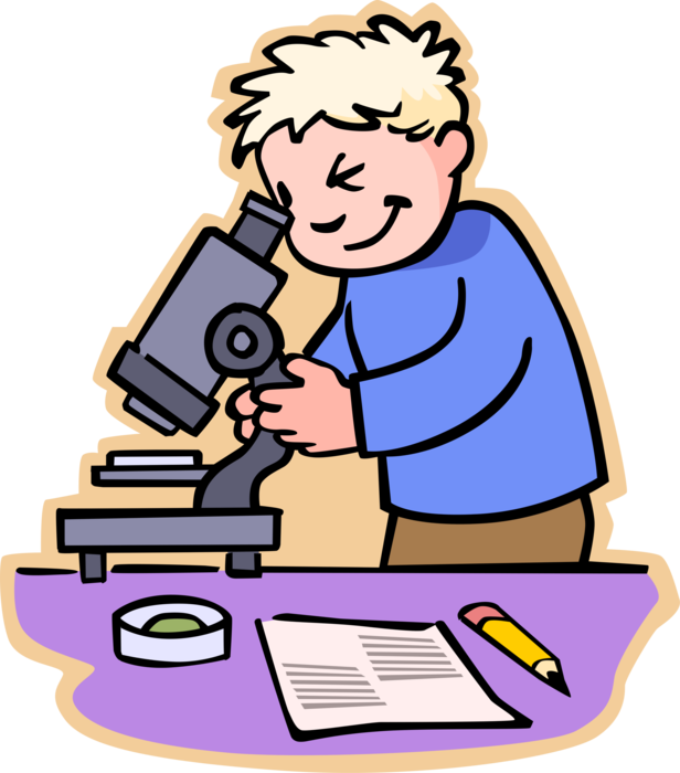 Vector Illustration of Primary or Elementary School Student Boy in Science Class Looks Through Microscope