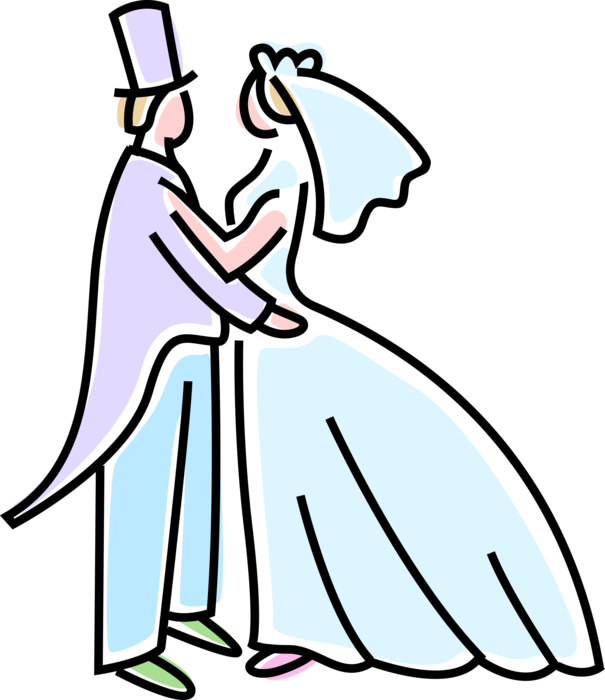 Vector Illustration of Wedding Day Bride and Groom Embrace in Marriage Ceremony