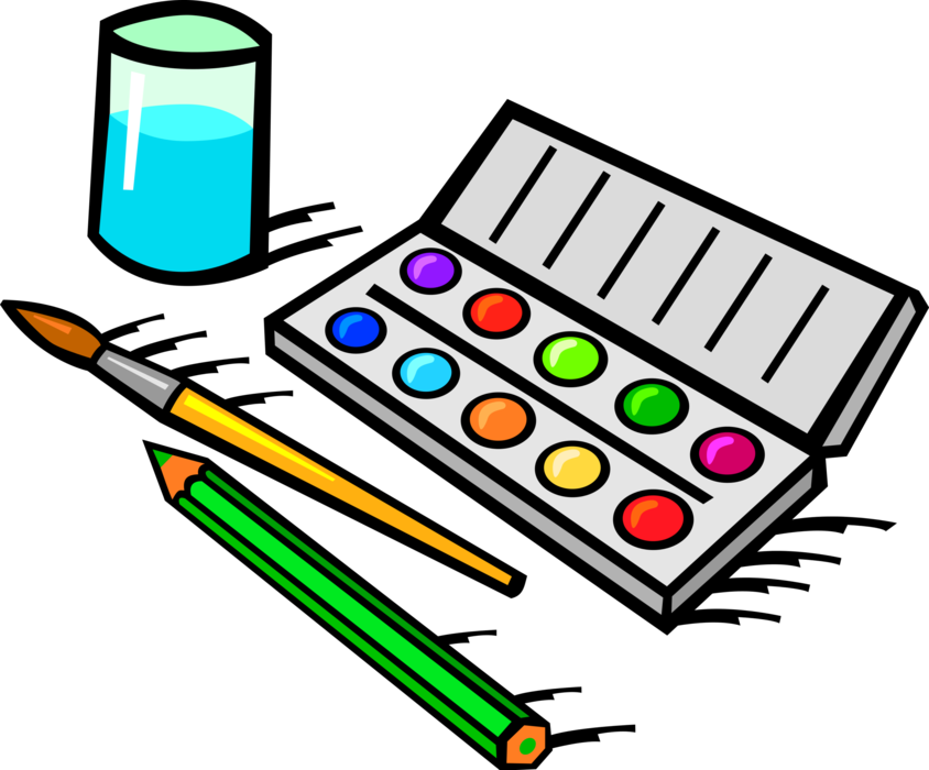 Vector Illustration of Visual Arts Watercolor Paint Set with Brush with Water Glass