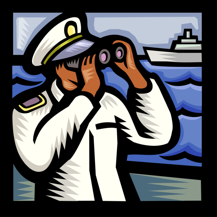 Vector Illustration of Marine Sailor with Binoculars on Navy Vessel Ship in Ocean
