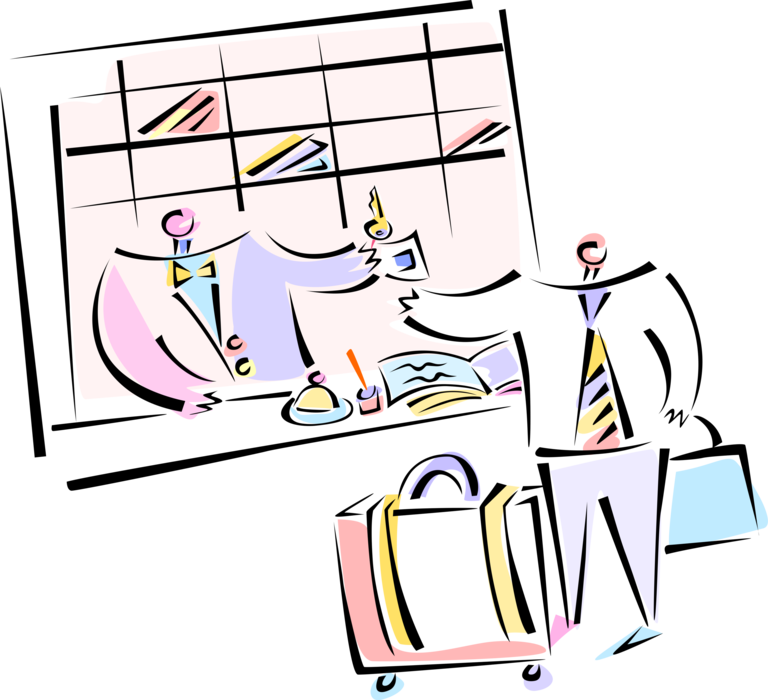Vector Illustration of Business Traveler Checks Into Hotel at Reception Desk for Room Key