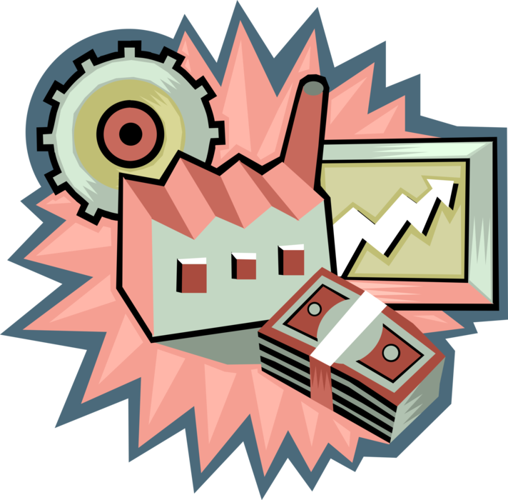 Vector Illustration of Industrial Manufacturing Factory Cogwheel and Financial Money Profits