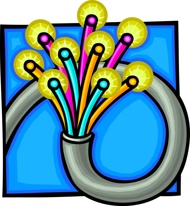 Vector Illustration of Bundle of Optical Fibers Transmit Light Signals in Fiber-Optic Communications