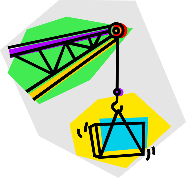 Vector Illustration of Construction Industry Crane on Building Site with Hook Lifting Materials