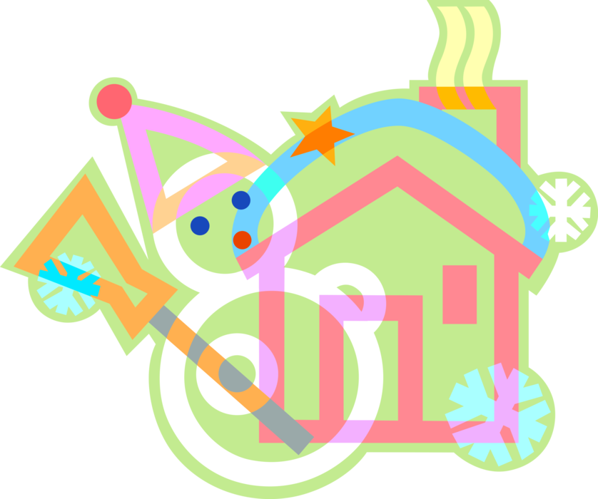 Vector Illustration of Snowman Anthropomorphic Snow Sculpture with Broom and House in Winter with Snowflakes