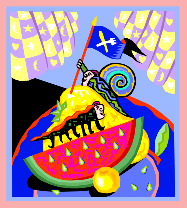 Vector Illustration of Caterpillar Bugs Conquer Watermelon Raising Dinner Flag
