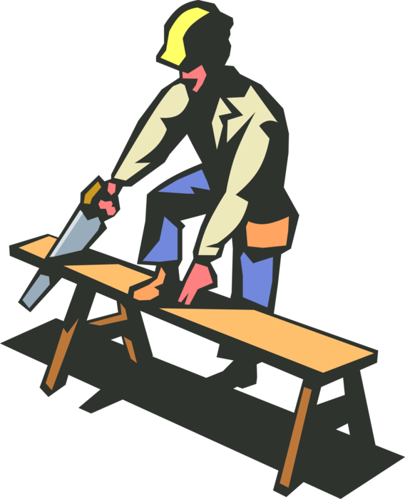 Vector Illustration of Construction Worker Sawing Lumber Wood Board with Hand Saw