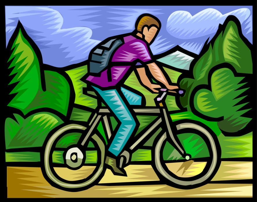 Vector Illustration of Student Cyclist Rides Bicycle to School on Bike Path