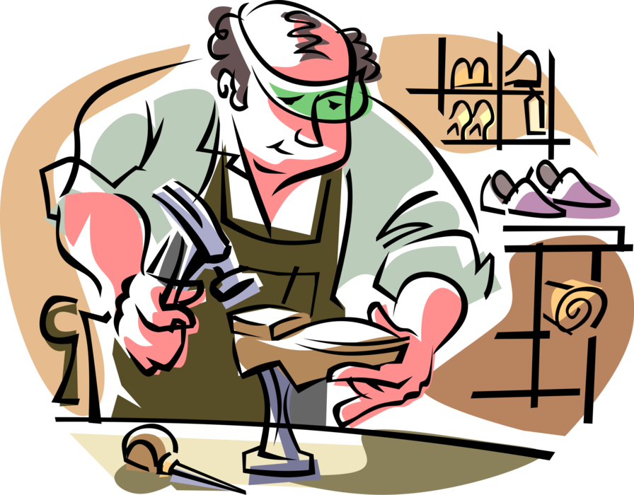 Vector Illustration of Cobbler Shoemaker Makes Footwear Shoe Repairs with Hammer