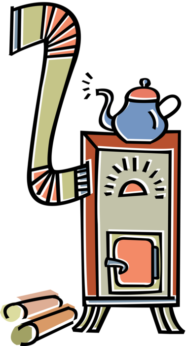 Vector Illustration of Wood-Burning Wood Stove Fireplace with Burning Wood Fire Provides Heat and Warmth