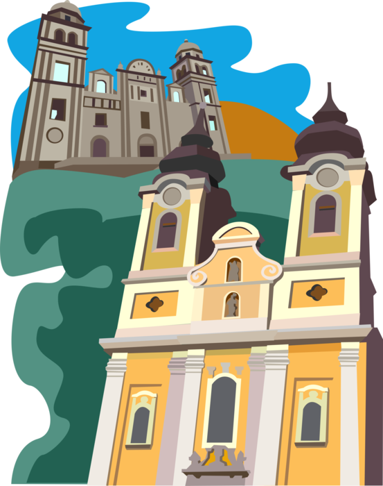 Vector Illustration of Tihany Benedictine Monastery Abbey, Christian Church Architecture, Hungary