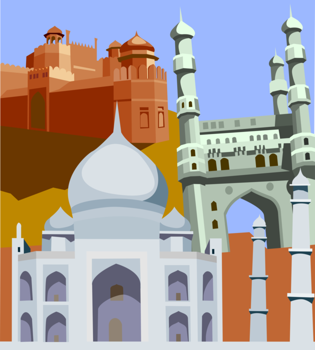 Vector Illustration of Taj Mahal Mausoleum, Charminar Monument Mosque and Mughal Emperor's Red Fort, India