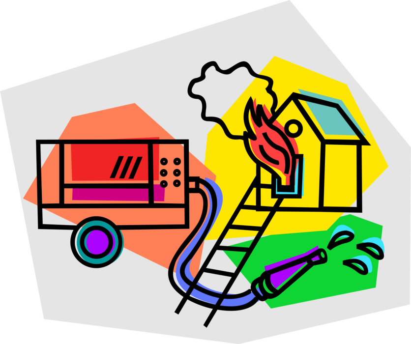 Vector Illustration of House on Fire with Fire Truck, Fire Hose and Ladder