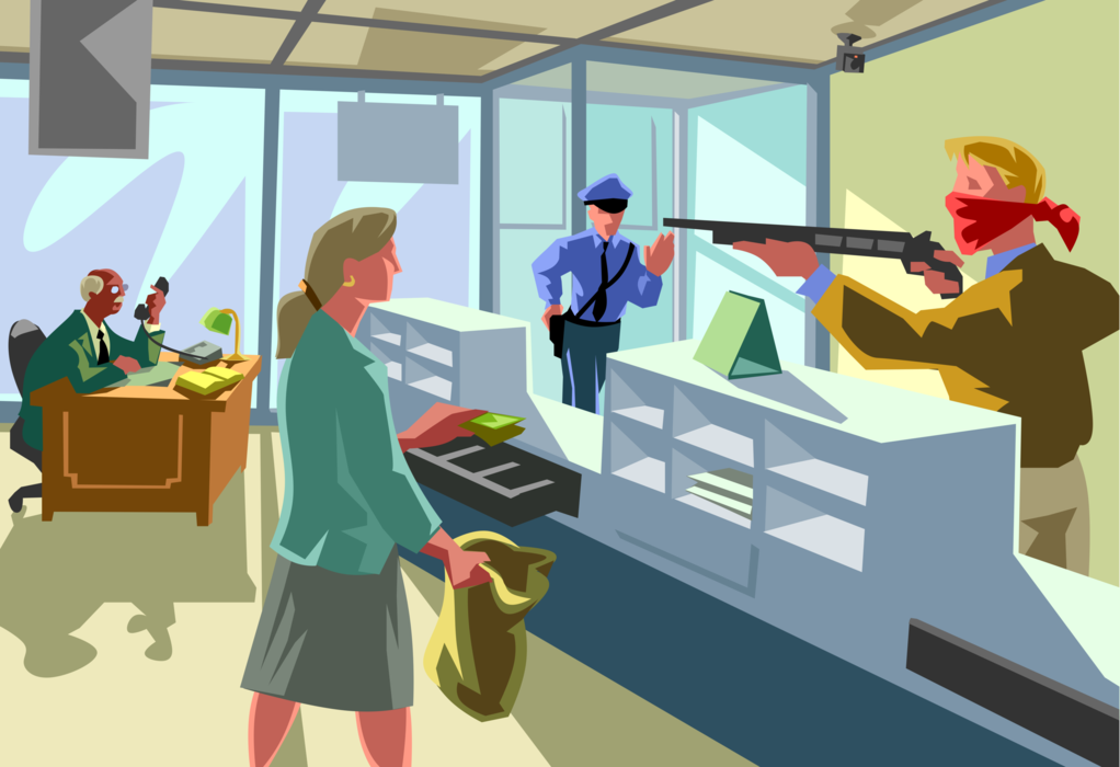 Vector Illustration of Armed Bank Robbery with Robber Thief Holding Shotgun Rifle