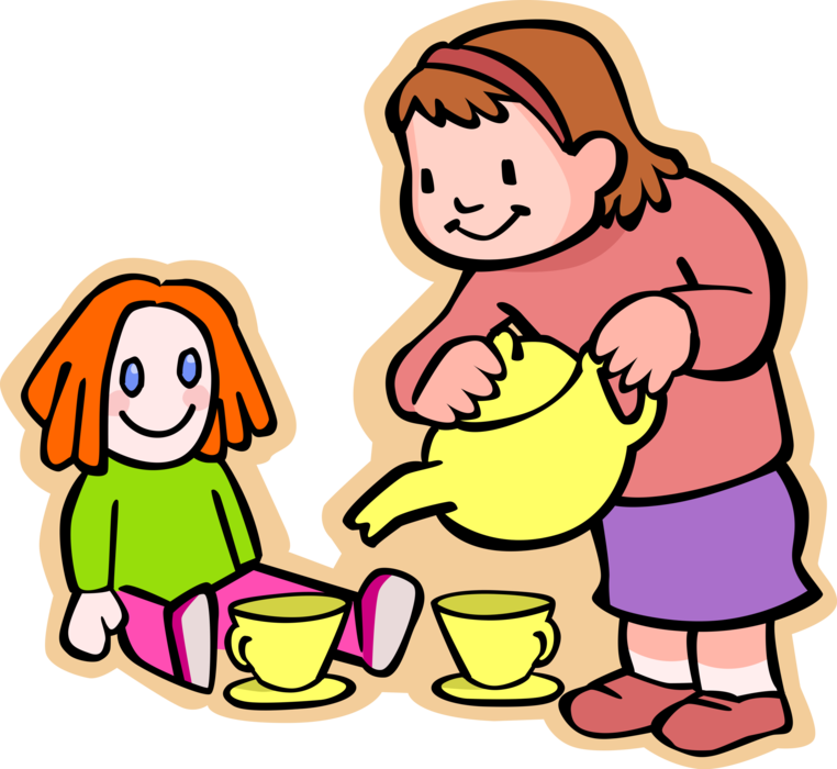 Vector Illustration of Primary or Elementary School Student Girl Serves Tea to Doll at Tea Party