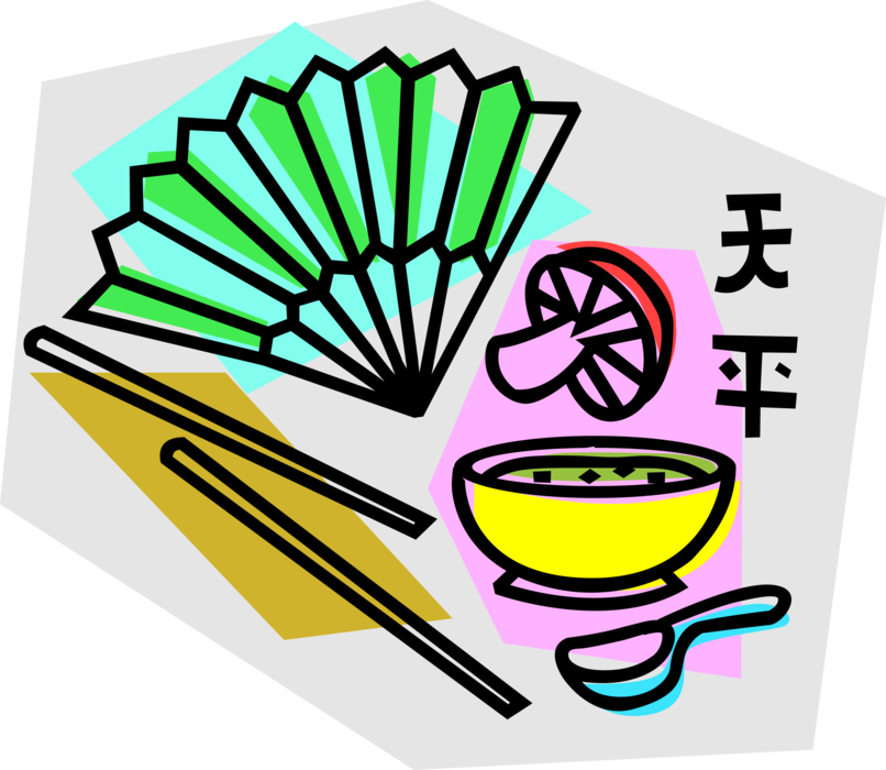 Vector Illustration of Chinese Cuisine Food Rice Bowl with Chopsticks, Mushroom, and Hand Fan