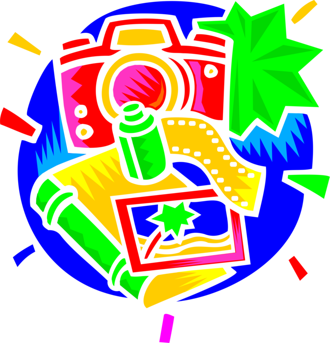 Vector Illustration of Camera with Photo Album Book and Photographic Film Canister