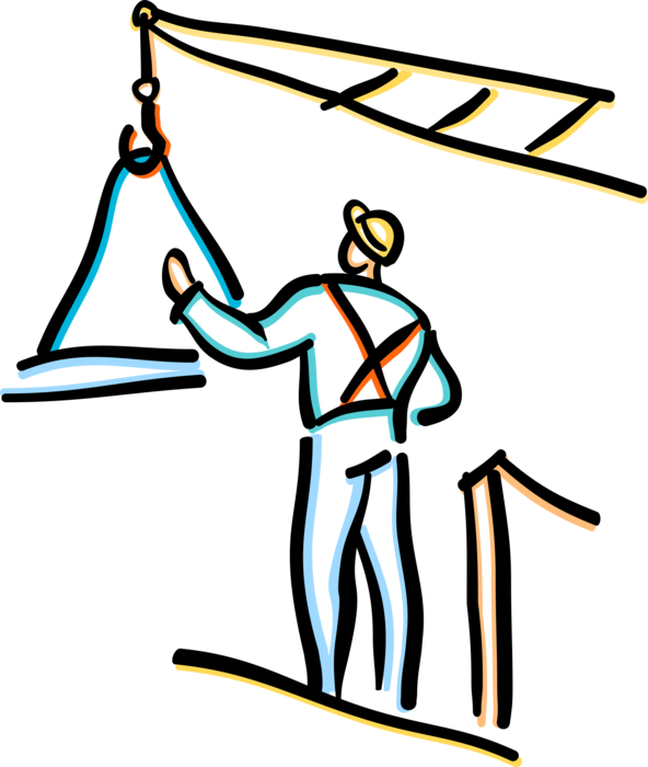 Vector Illustration of Construction Worker on Building Site Directs Lifting Crane Materials
