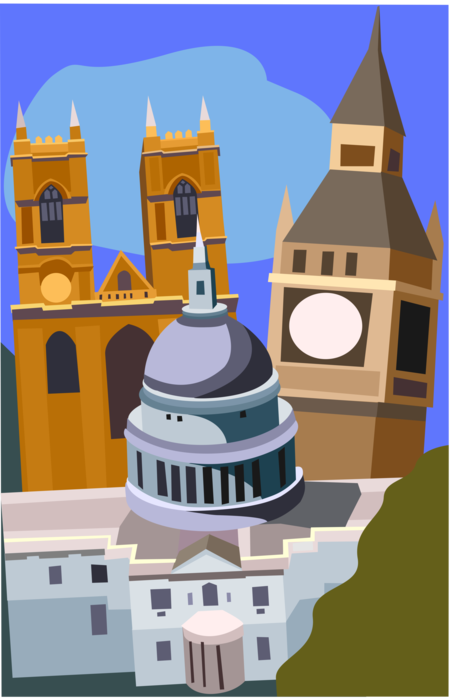Vector Illustration of St Paul's Christian Church Cathedral in London with Big Ben, Westminster Abbey