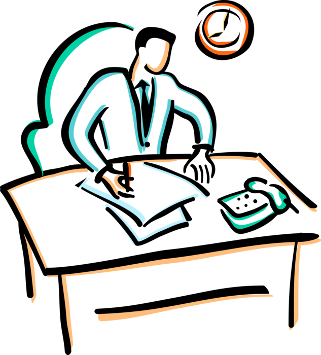 Vector Illustration of Businessman Working at Office Desk with Paperwork