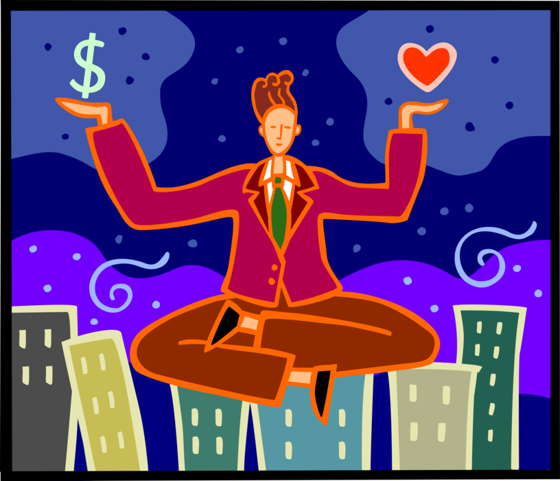 Vector Illustration of Businessman Achieves State of Zen through Rigorous Meditation on Love and Money