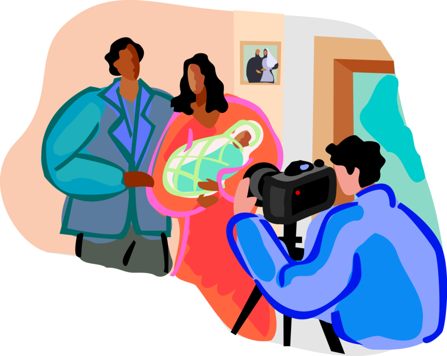 Vector Illustration of New Parents with Newborn Infant Baby Have Picture Taken with Photographer and Camera