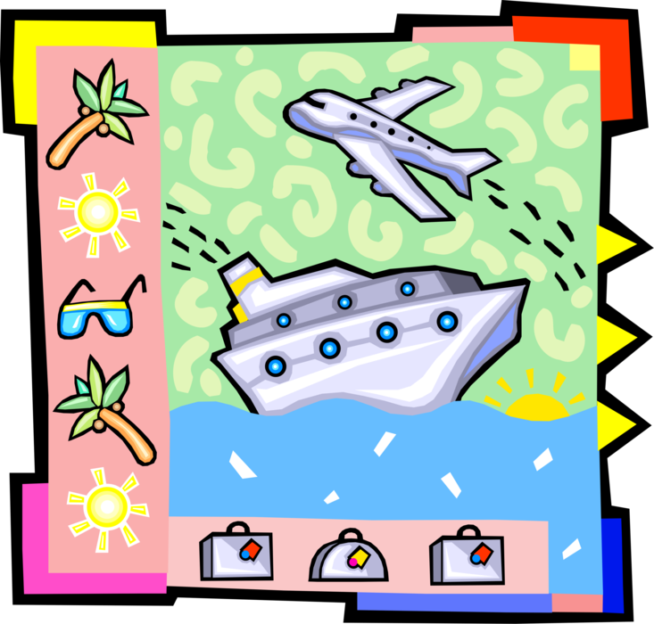 Vector Illustration of Cruise Liner Passenger Ship with Commercial Jet Airline Airplane Aircraft