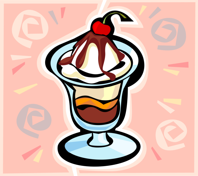 Vector Illustration of Gelato Ice Cream Sundae Dessert with Chocolate Fudge and Cherry