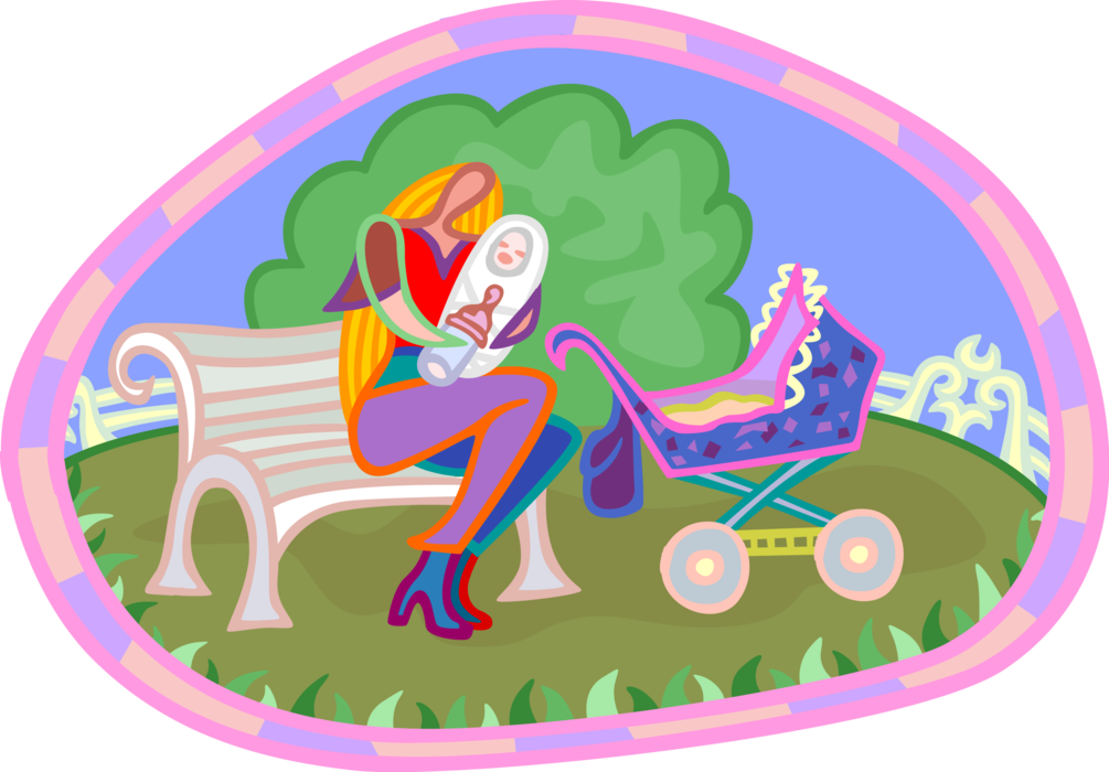 Vector Illustration of Mother and Newborn Infant Baby on Park Bench with Stroller Carriage
