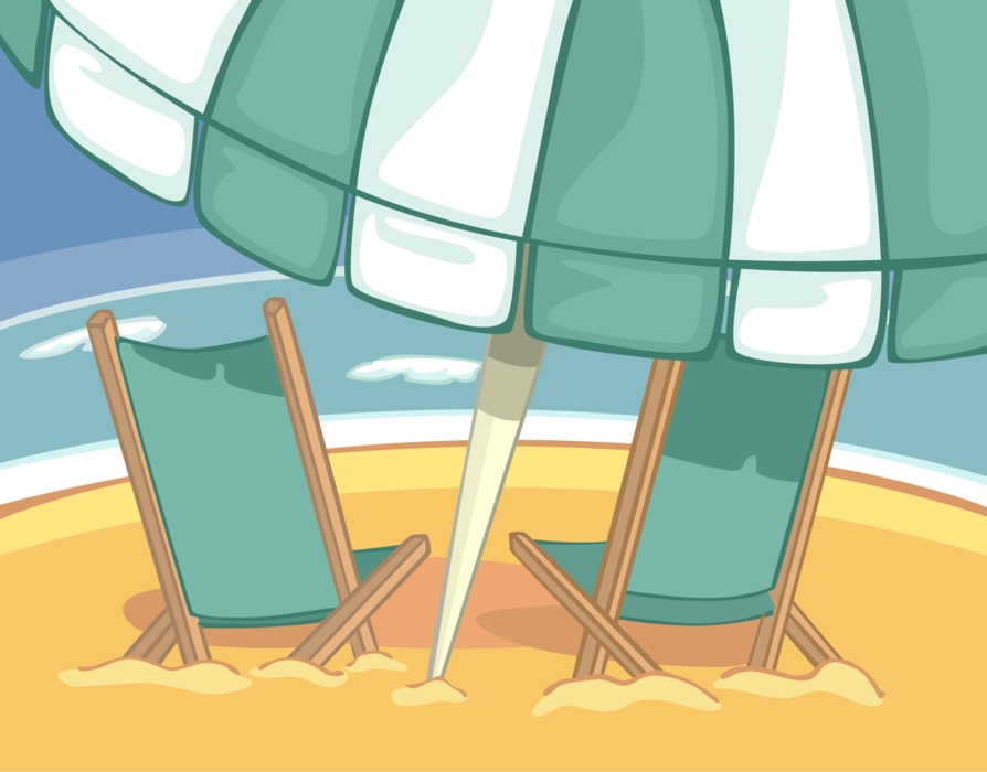 Vector Illustration of Beach Chairs with Sun Shade Umbrella in Sand