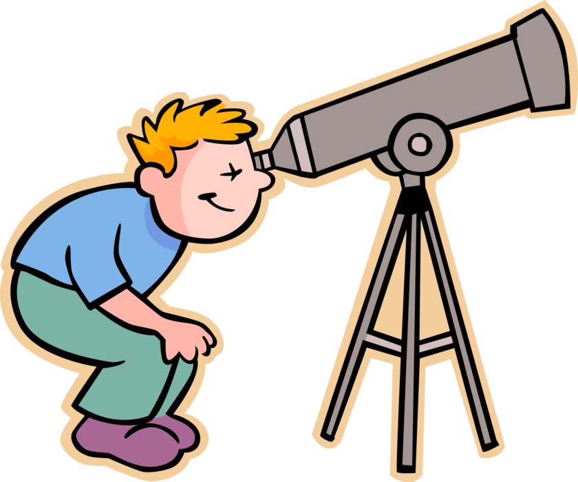Vector Illustration of Primary or Elementary School Student Boy Looking Through Telescope at Celestial Objects