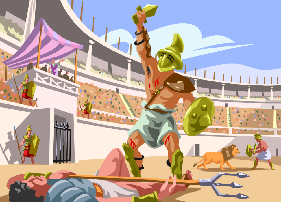 Vector Illustration of Ancient Rome Roman Gladiator Swordsman Battles in Colosseum