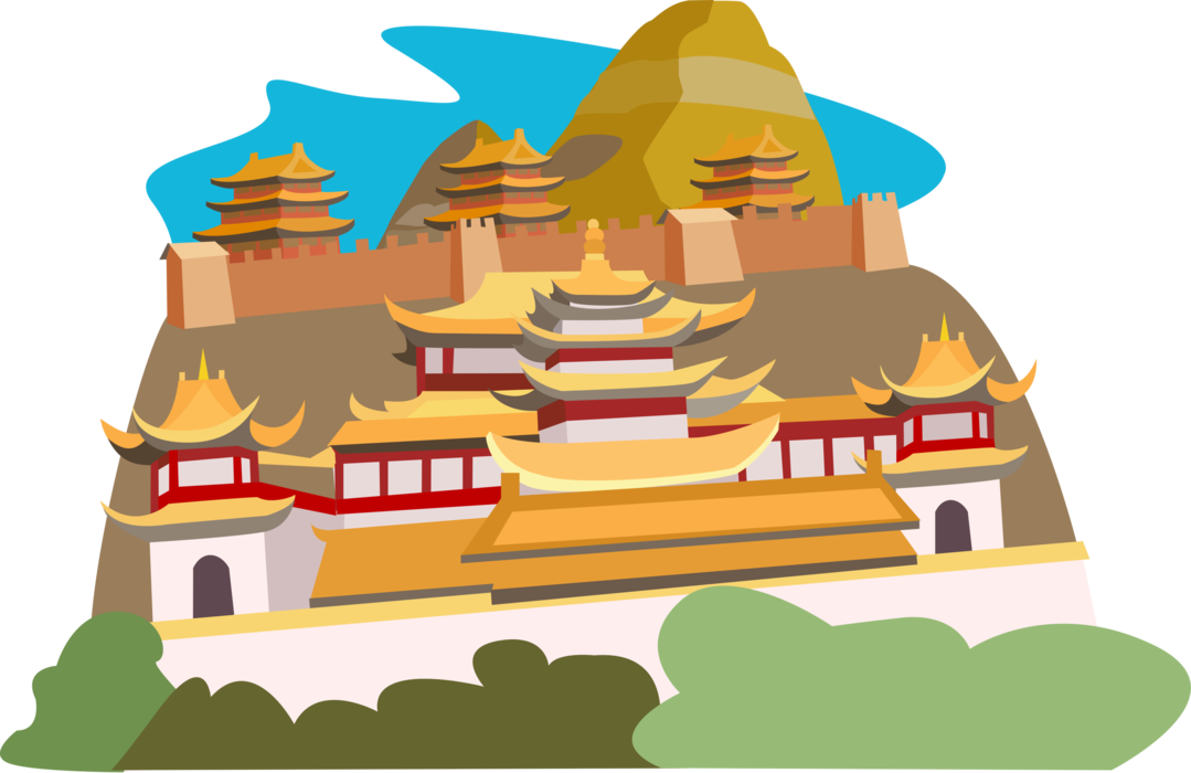 Vector Illustration of China, Silk Road Fortress, Ningxia Huin, Xian Big Wild Goose Pagoda