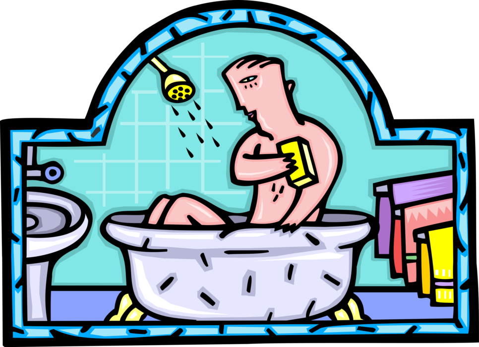 Vector Illustration of Taking Bath and Bathing in Bathroom Bathtub Tub