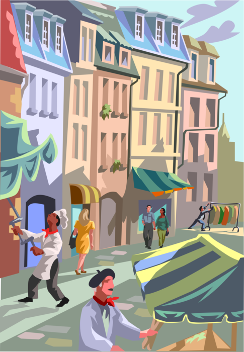Vector Illustration of Paris Street Vendors Prepare for Another Day of Selling Merchandise