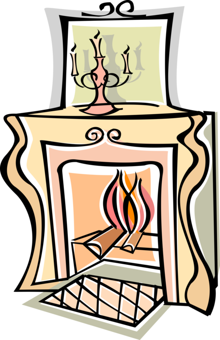 Vector Illustration of Living Room Fireplace Hearth with Burning Wood Fire