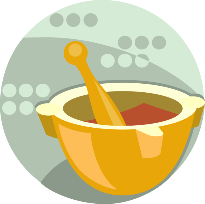 Vector Illustration of Mortar and Pestle Prepare Ingredients by Crushing and Grinding into Powder or Paste