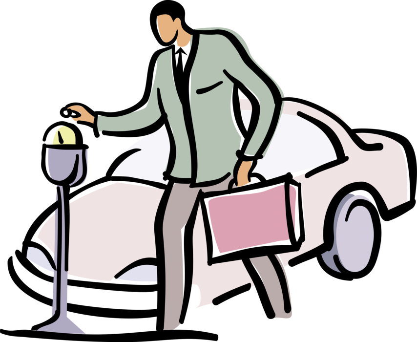 Vector Illustration of Businessman Puts Money in Parking Meter on Street with Motor Vehicle Car