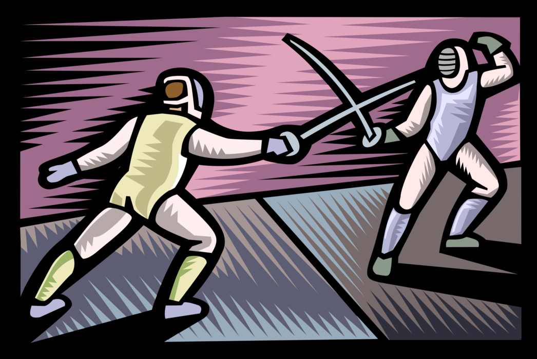 Vector Illustration of Fencers Fencing in Swordsmanship Competition with Foil Swords