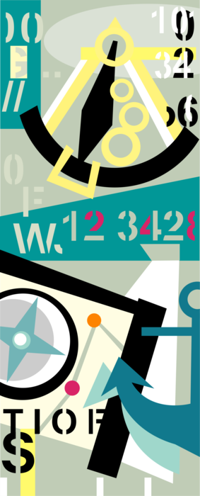 Vector Illustration of Seafaring Maritime Navigation with Compass Rose and Sextant