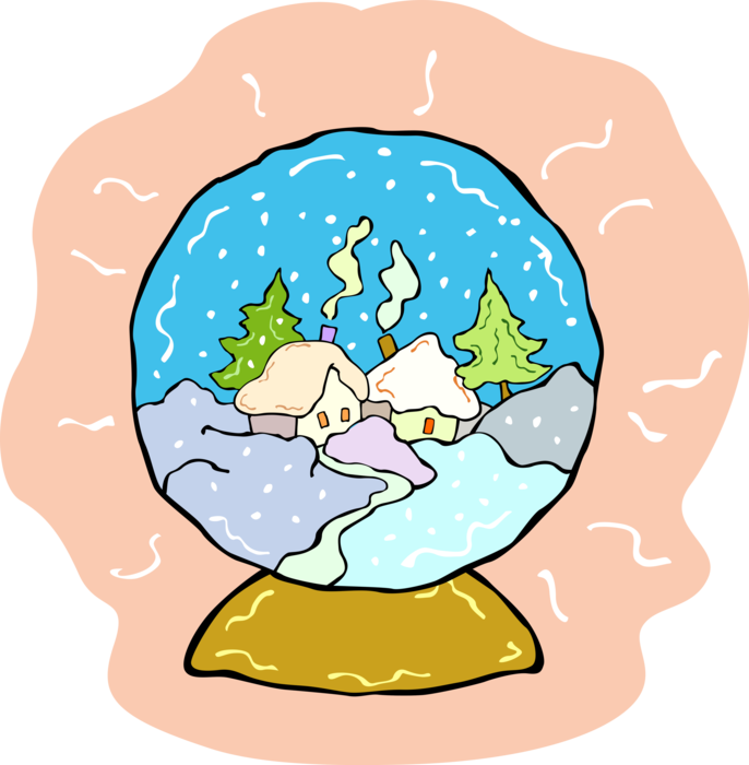 Vector Illustration of Snow Globe Transparent Sphere with Snow Covered Village Houses in Winter