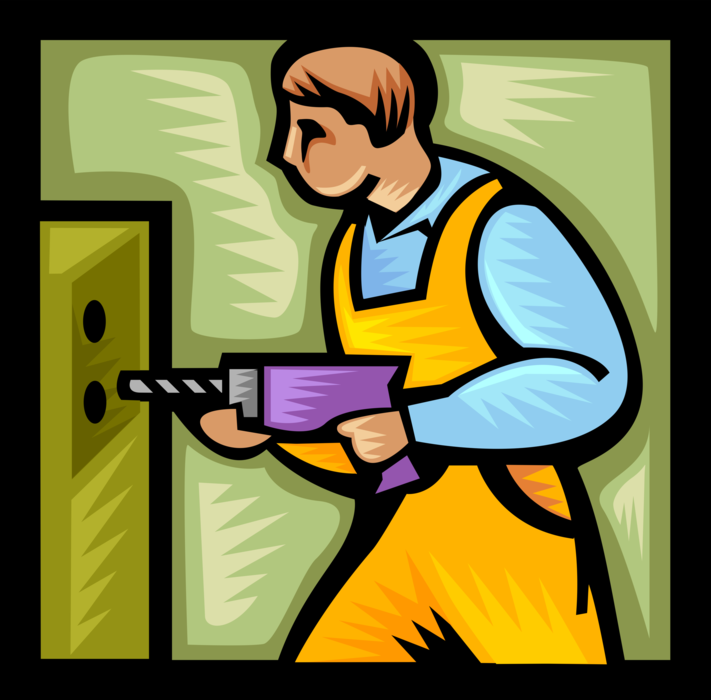 Vector Illustration of Construction Tradesman Worker with Electric Drill Drilling Holes on Job Site