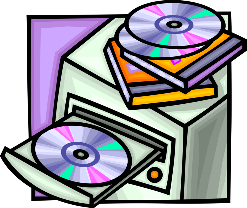 Vector Illustration of Computer with DVD Optical Digital Disc Multimedia Storage Disks