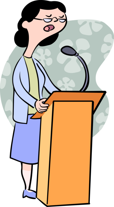 Vector Illustration of Presentation Speaker Speaking at Podium with Microphone