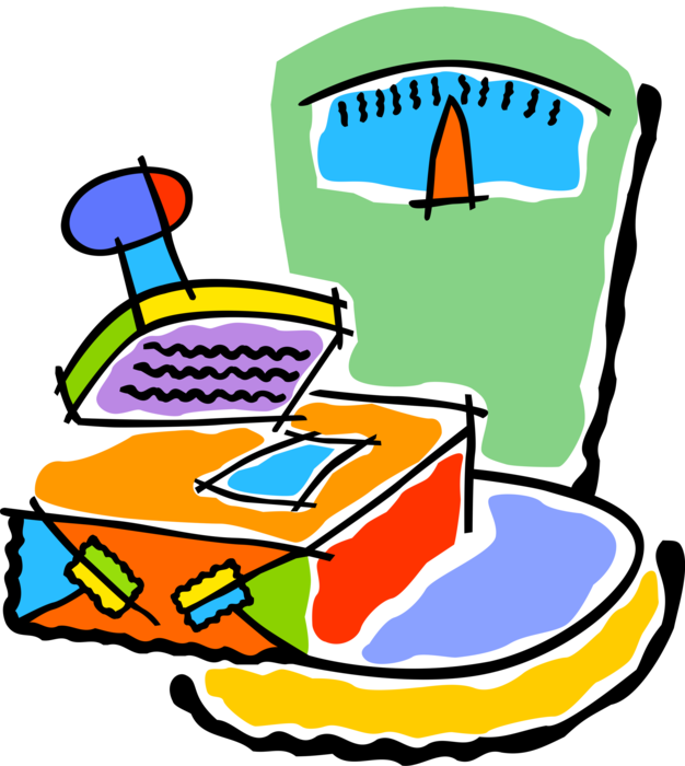 Vector Illustration of Post Office Postal Scale Weighs Package to Determine Postage for Delivery