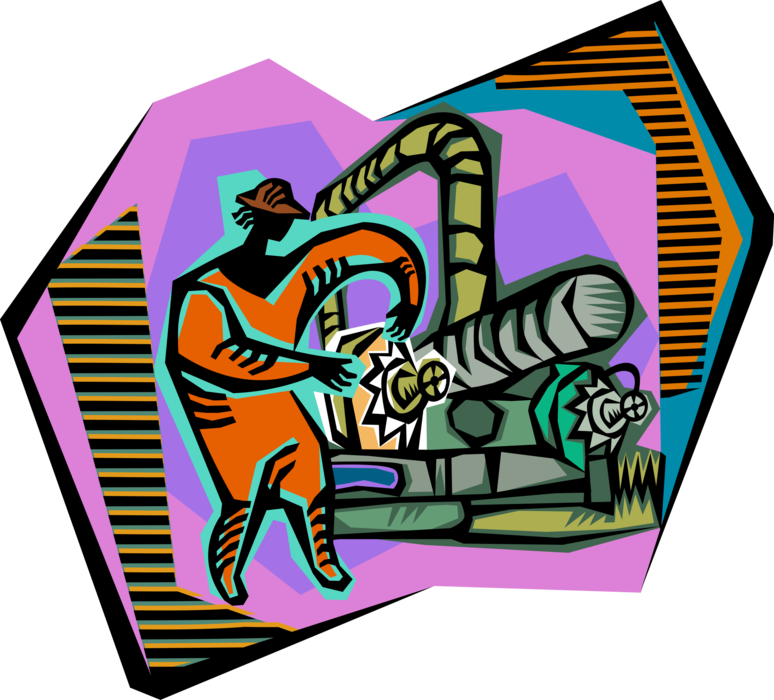 Vector Illustration of Industrial Plant Worker Turns Valve on Pipe